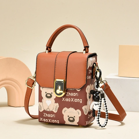 Women Bear Print Crossbody Bag PU Leather Canvas Patchwork Small Square Handbag With Charm Trendy Style