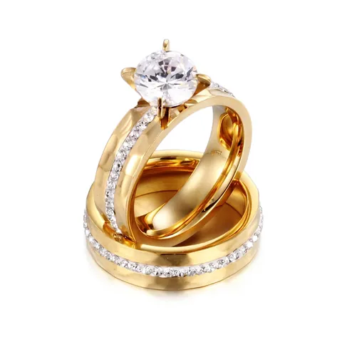 Solitaire Ring And Pave Band Stainless Steel Zircon Inlaid Gold Plated Engagement Wedding Fashion Jewelry For Couples