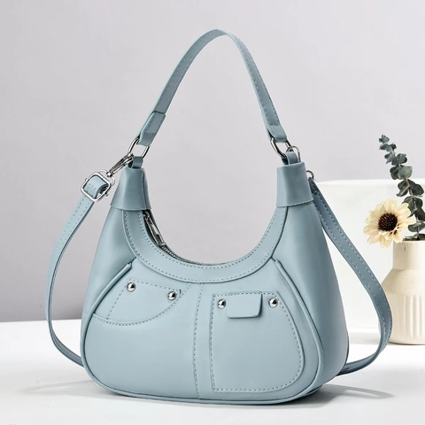 Women PU Leather Hobo Bag Rivet Stitching Underarm Bag Vintage Macaron Color Shoulder Crossbody Bag For Daily Use Ladies