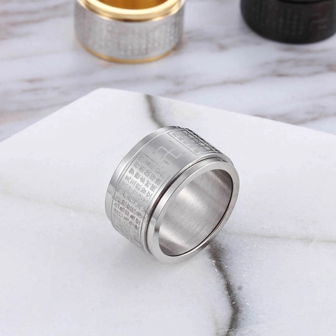 Stainless Steel Spinner Ring Buddhist Heart Sutra Rotatable Double Layer Meditation Anxiety Relief Band Jewelry