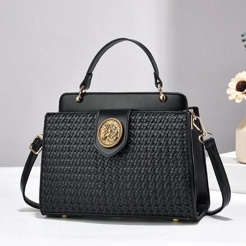 Bolso de Mano de Cuero PU Tejido Retro para Mujer Elegante Color de Contraste Bolso de Hombro Gran Capacidad Lujo