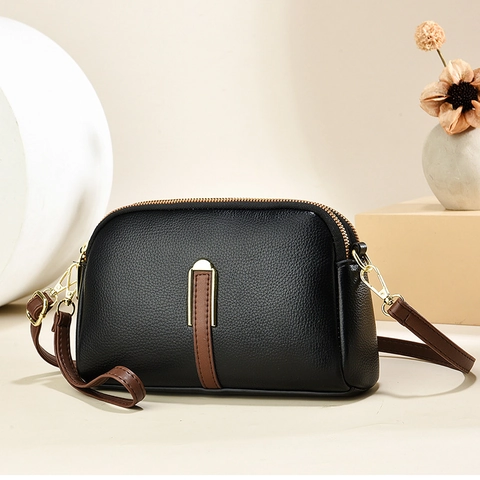 Women Shoulder Crossbody Bag PU Leather Lychee Texture Double Zipper Multi Layer Shell Shape Casual Daily Messenger