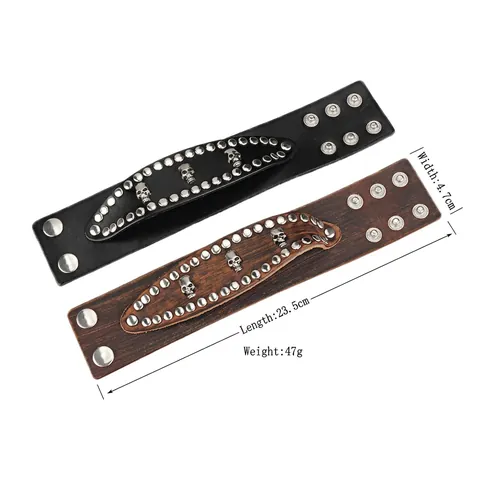 Punk Wide Leather Bracelet For Men Cowhide Band With Alloy Skull Cross Rivets Gothic Rock Style Double Layer Retro Wristband