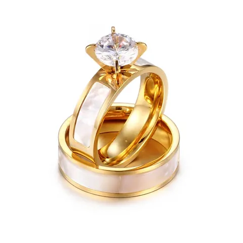 Anillo De Acero De Titanio Para Parejas Con Circonita E Incrustaciones De Nácar Joyería Sencilla Elegante