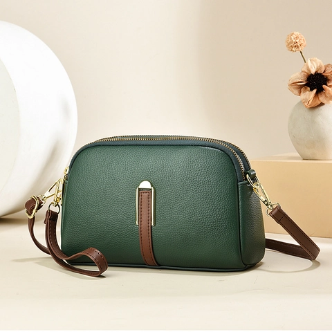 Women Shoulder Crossbody Bag PU Leather Lychee Texture Double Zipper Multi Layer Shell Shape Casual Daily Messenger