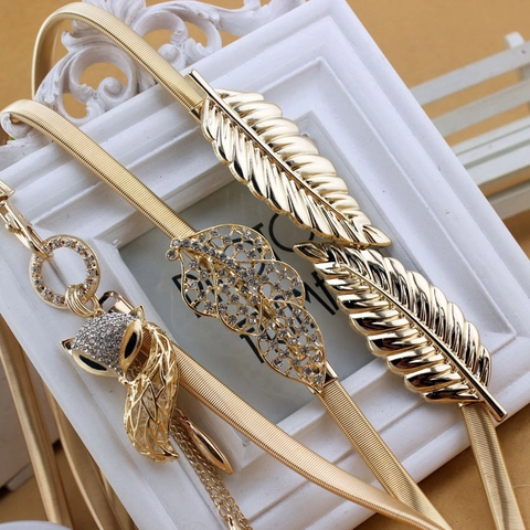 Cintura Elastica In Metallo Da Donna Lega Foglia Volpe Strass Decorativo Vestito Accessorio
