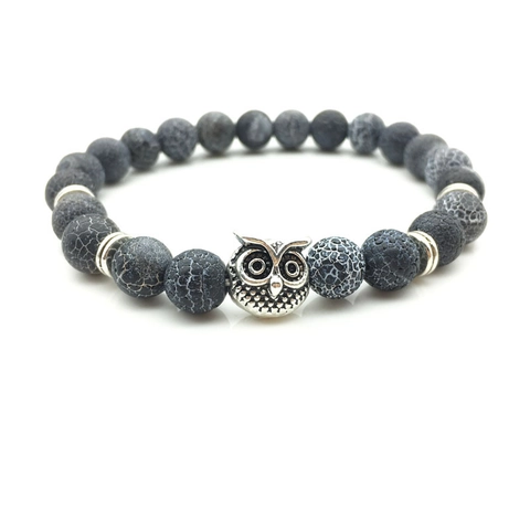 Owl Beaded Bracelet Natural Weathered Agate Tiger Eye Stone Elastic Retro Ethnic Jewelry For Men Women