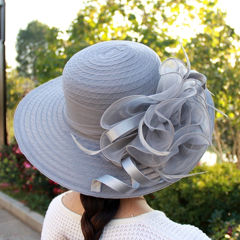 Dames Elegante Katoen Organza Bloem Zonnehoed Brede Rand Kerk Feest Bruiloft Jurk Hoed Vintage Bloemen Derby Mesh