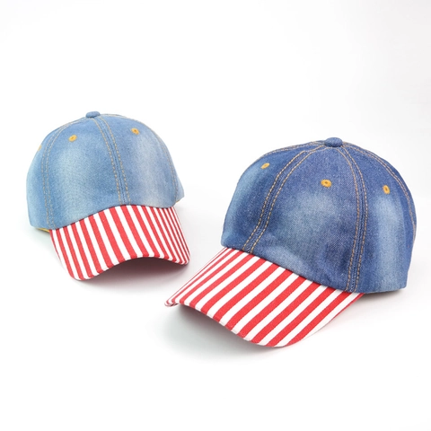 Berretto da Baseball in Denim Lavato Retro Americano a Righe Color Block Casual All'aperto Regolabile Per Uomo Donna