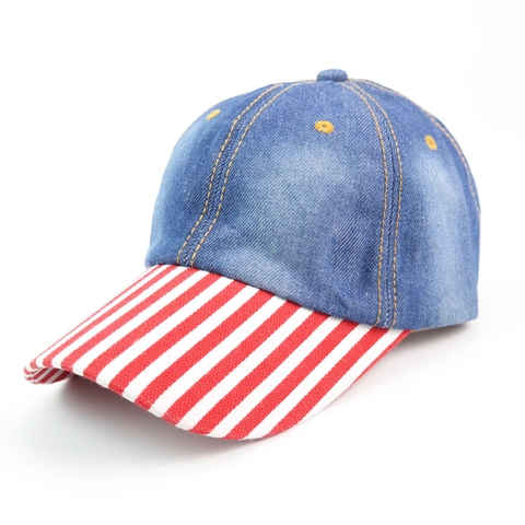Berretto da Baseball in Denim Lavato Retro Americano a Righe Color Block Casual All'aperto Regolabile Per Uomo Donna