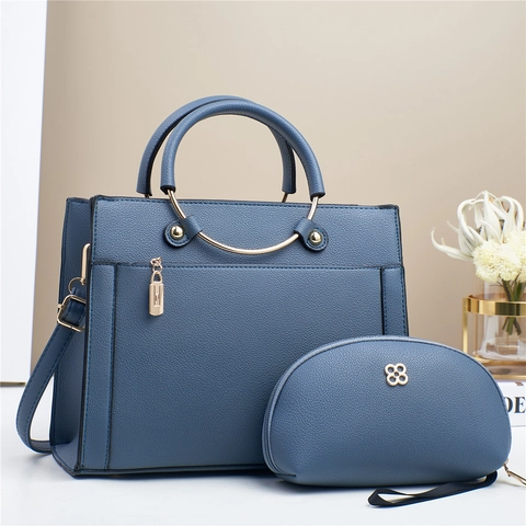 Litchi Grain PU Leather Handbag And Pouch With Metal Handle Lock Pendant Shoulder Crossbody Bag For Women Business Commute