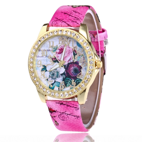 Montre À Quartz Pour Femme Vintage Rose Motif Floral Cadran Strass Boîtier En Alliage Bracelet En Similicuir Tendance