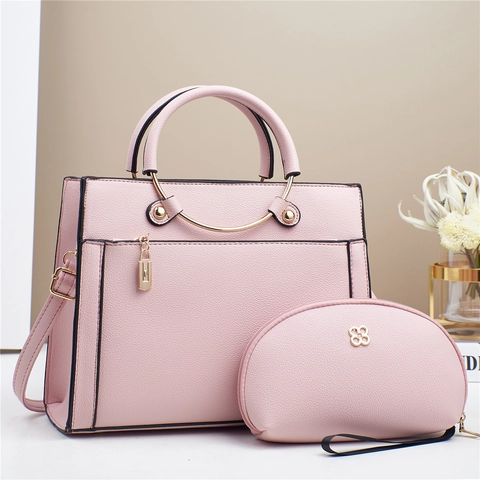 Litchi Grain PU Leather Handbag And Pouch With Metal Handle Lock Pendant Shoulder Crossbody Bag For Women Business Commute