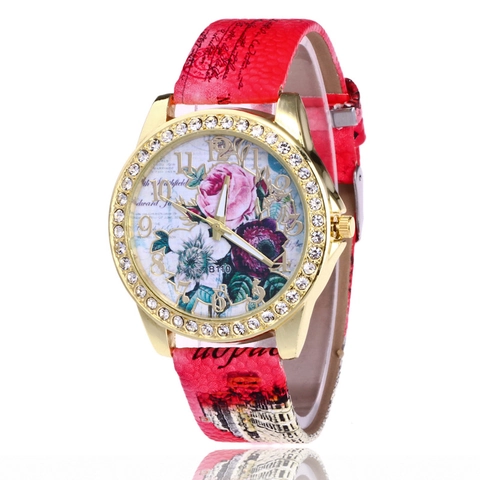 Orologio Al Quarzo Da Donna Vintage Rosa Motivo Floreale Quadrante Strass Cassa In Lega Cinturino In Ecopelle Moda