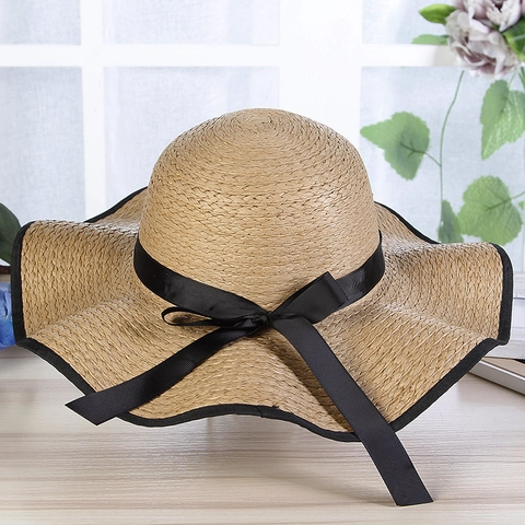 Damen Sommer Sonnenhut Breite Krempe Strandhut Gewebtes Polyester Schleife Atmungsaktiv Faltbar Urlaub Reisen Visier Kappe
