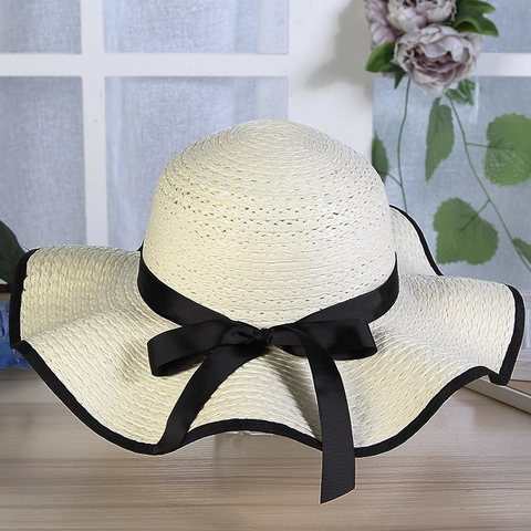Damen Sommer Sonnenhut Breite Krempe Strandhut Gewebtes Polyester Schleife Atmungsaktiv Faltbar Urlaub Reisen Visier Kappe