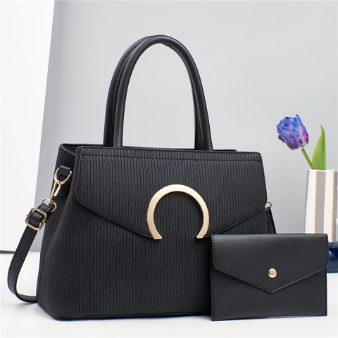 Women Fashion Vertical Striped PU Leather Handbag And Pouch Set With Horseshoe Metal Buckle Large Capacity Shoulder Crossbody Bag