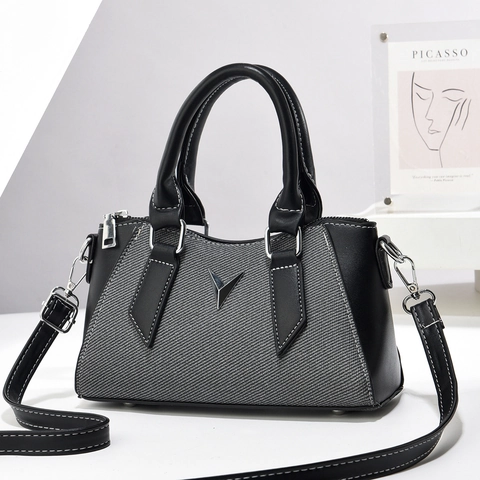 Bolso De Bandolera Moda Mujer Tela Tejida Cuero PU Patchwork Bolso De Mano Logo V Metal Plateado Elegante Bolso De Hombro