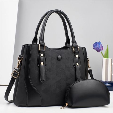 Geometric Triangle Pattern PU Leather Handbag And Small Pouch For Women Embossed Tote Bag Large Capacity Fashionable Daily