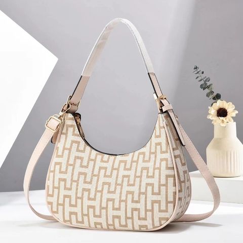 Women Hobo Shoulder Bag PU Leather Canvas Jacquard Geometric Pattern Half Moon Crossbody Handbag Korean Minimalist Trendy