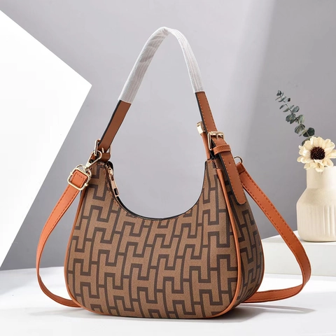 Women Hobo Shoulder Bag PU Leather Canvas Jacquard Geometric Pattern Half Moon Crossbody Handbag Korean Minimalist Trendy