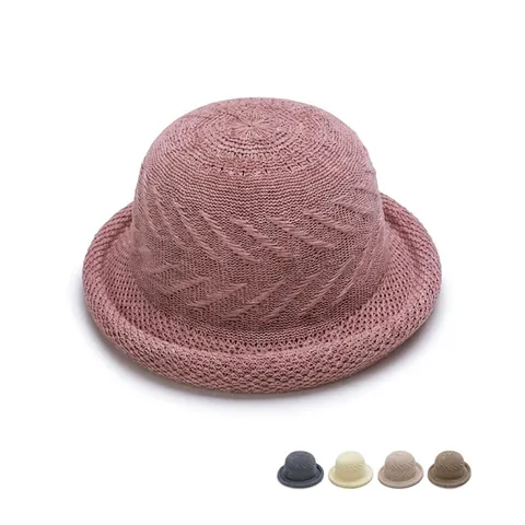 Women Hollow Woven Bucket Hat Breathable Cotton Blend Basin Sun Hat With Wind Rope Elegant Solid Color Cloche Summer