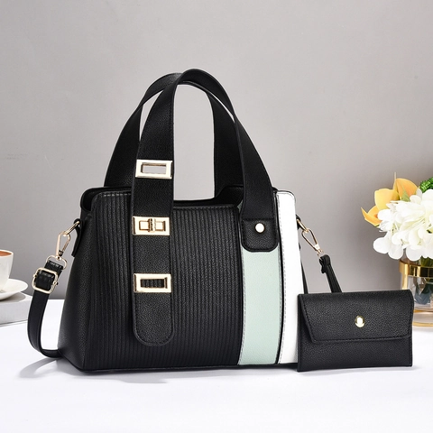 Fashion Striped Patchwork PU Leather Handbag And Pouch Elegant Color Block Shoulder Bag For Women Large Capacity Tote Bag