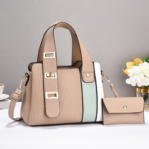Fashion Striped Patchwork PU Leather Handbag And Pouch Elegant Color Block Shoulder Bag For Women Large Capacity Tote Bag