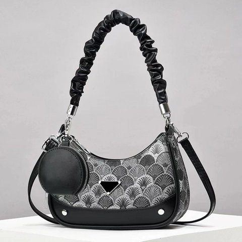 Embroidery Jacquard Shoulder Bag With Ruched Handle And Round Coin Purse PU Leather Vintage Underarm Crossbody Bag Women