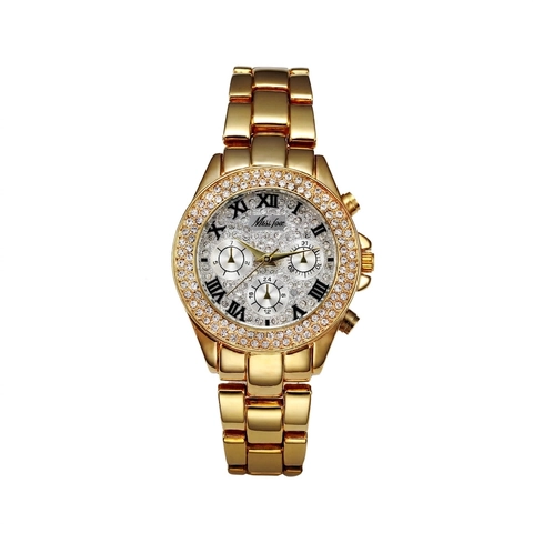 Luxury Women Quartz Watch Encrusted Crystal Alloy Strap Roman Numerals Fashion Three Eye Dial Elegant Wristwatch
