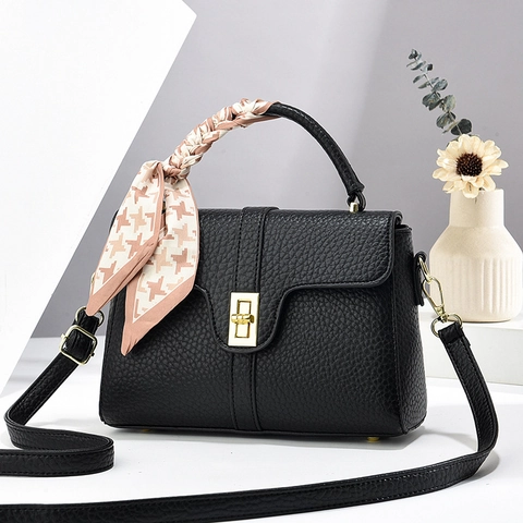 Women Litchi Pattern PU Leather Handbag Shoulder Crossbody Bag With Scarf Decor And Golden Lock Elegant Minimalist