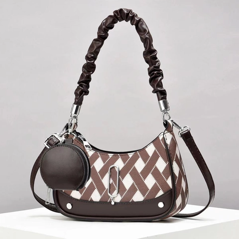 Sac À Épaule Quadrillé Femmes PU Toile Tissu Plaid Hobo À Main Poignée Plissée Avec Mini Porte Monnaie Rond
