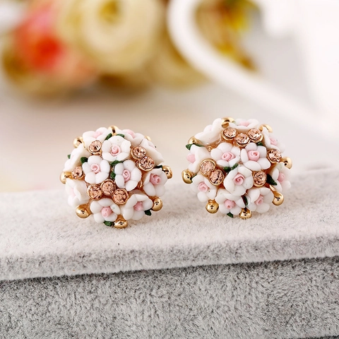 Floral Cluster Stud Earrings And Adjustable Ring Alloy Ceramic Rhinestone Sweet Pastoral Jewelry For Women