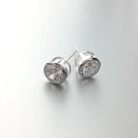 925 Sterling Silver Stud Earrings Round Cubic Zirconia Bezel Setting Minimalist Unisex For Men And Women