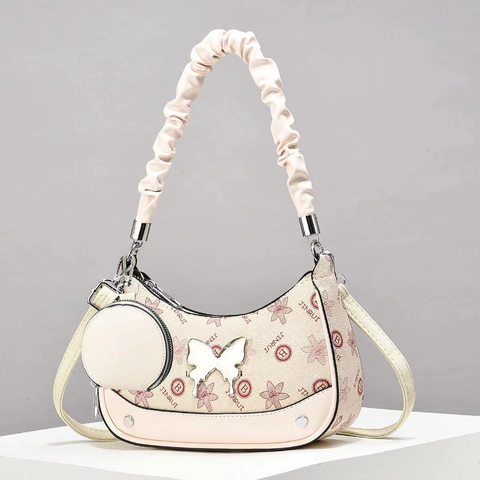 Women Printed PU Leather Shoulder Bag Butterfly Decor Scrunchie Handle Detachable Mini Coin Purse Hobo Crossbody Bag