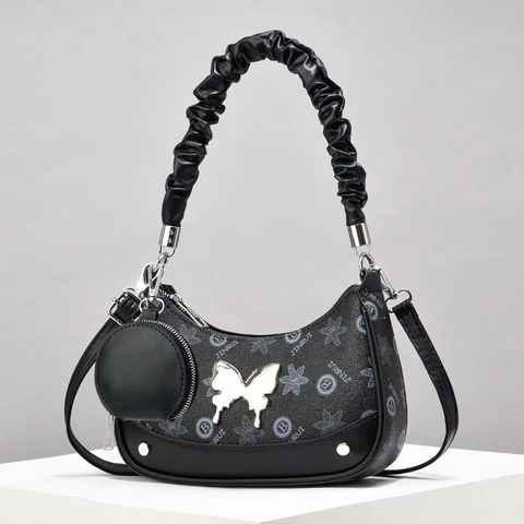 Women Printed PU Leather Shoulder Bag Butterfly Decor Scrunchie Handle Detachable Mini Coin Purse Hobo Crossbody Bag