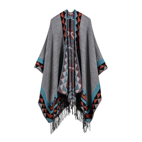 Mantella Poncho Reversibile da Donna in Simil Cashmere Con Nappine Stampa Tribale Geometrica Calda Spessa Grande Aperta Davanti