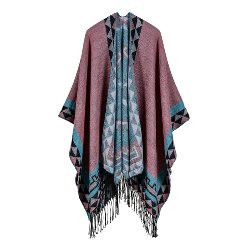 Damen Wendbarer Kaschmir-Imitat Schal Poncho Mit Quasten Geometrischer Tribal-Print Dick Warmer Übergroßer Offener Cape Wrap