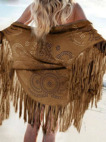Scialle da Donna Vintage in Similpelle Scamosciata con Frange Taglio Laser Mantella con Nappe Bohemien Tinta Unita Coprispalle per Vacanze al Mare Poncho Casual
