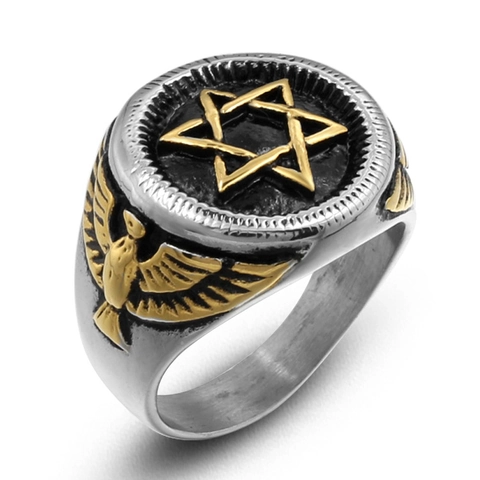 Anillo Stella Di David Uomo Vintage Acciaio Inossidabile Titanio Aquila Ali Esagramma Retro Punk Gioielli