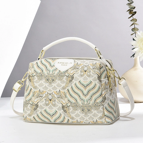 Borsa a Mano da Donna in Jacquard Stile Cinese Vintage Motivo a Nuvole Classiche Borsa a Tracolla in Pelle PU alla Moda