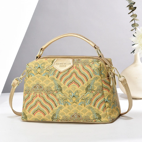Borsa a Mano da Donna in Jacquard Stile Cinese Vintage Motivo a Nuvole Classiche Borsa a Tracolla in Pelle PU alla Moda