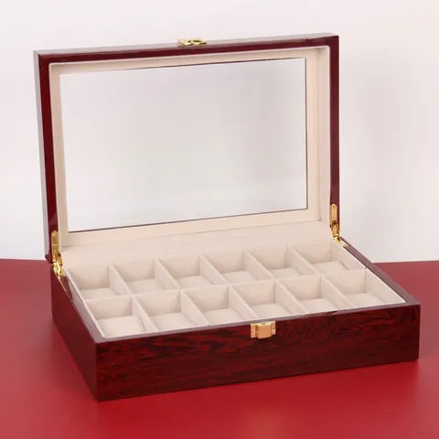 Luxurious Wooden Watch Box For Men Lacquered Finish Watch Display Organizer With Glass Top And Metal Lock Storage Box Case