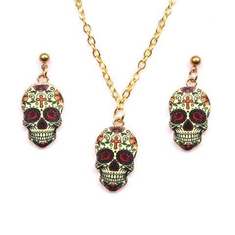 Skull Necklace Earring Set Alloy Enamel Day Of The Dead Sugar Skull Halloween Punk Party Jewelry For Women Men