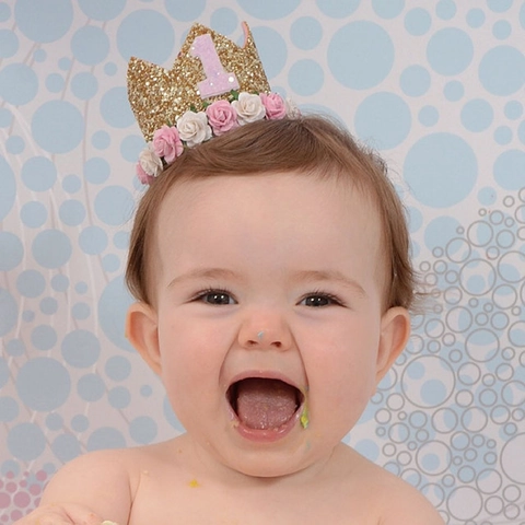 Diadema Corona de Cumpleaños Niños Tiara de Princesa con Lentejuelas y Flores Artificiales para Fiesta de Bebé Niña