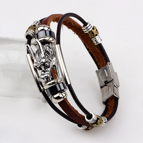 Bracciale In Pelle Multistrato Da Uomo Vintage Ciondolo Testa Di Drago In Lega Stile Etnico Gioielli Regolabili