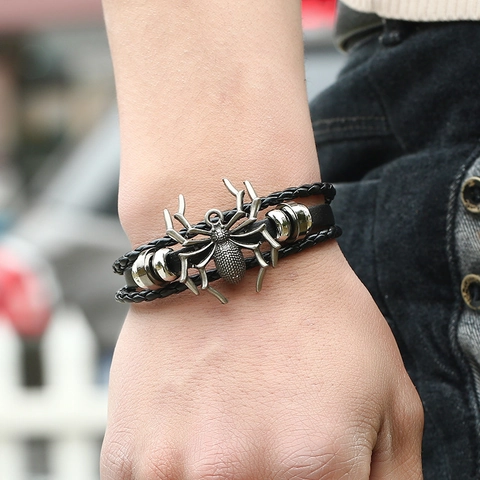 Geflochtenes Lederarmband Mit Legierung Totenkopf Spinne Stern Anhänger Vintage Punk Rock Stil Für Herren Schmuck