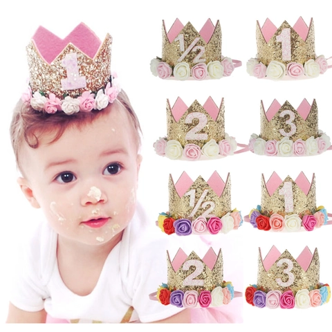 Baby Birthday Glitter Crown Headband With Foam Rose Flowers Infant Toddler Photography Prop Party Hair Accessories