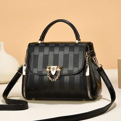 Women Embossed PU Leather Handbag Top Handle Crossbody Bag With Detachable Strap Gold Hardware For Daily Commute