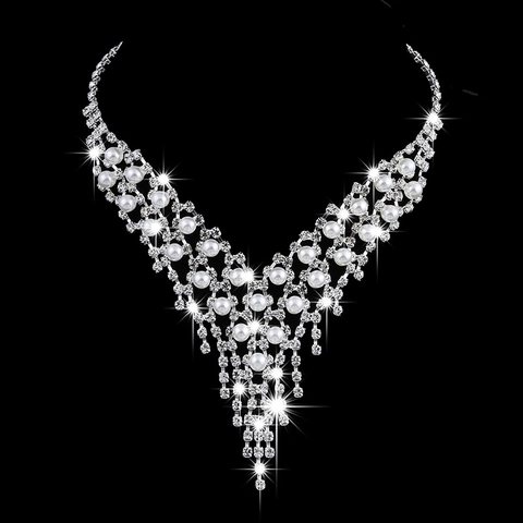 Set Gioielli Sposa Künstliche Perle Strass Collana E Orecchini Con Perno In Argento Sterling 925 Per Matrimonio Banchetto Donna